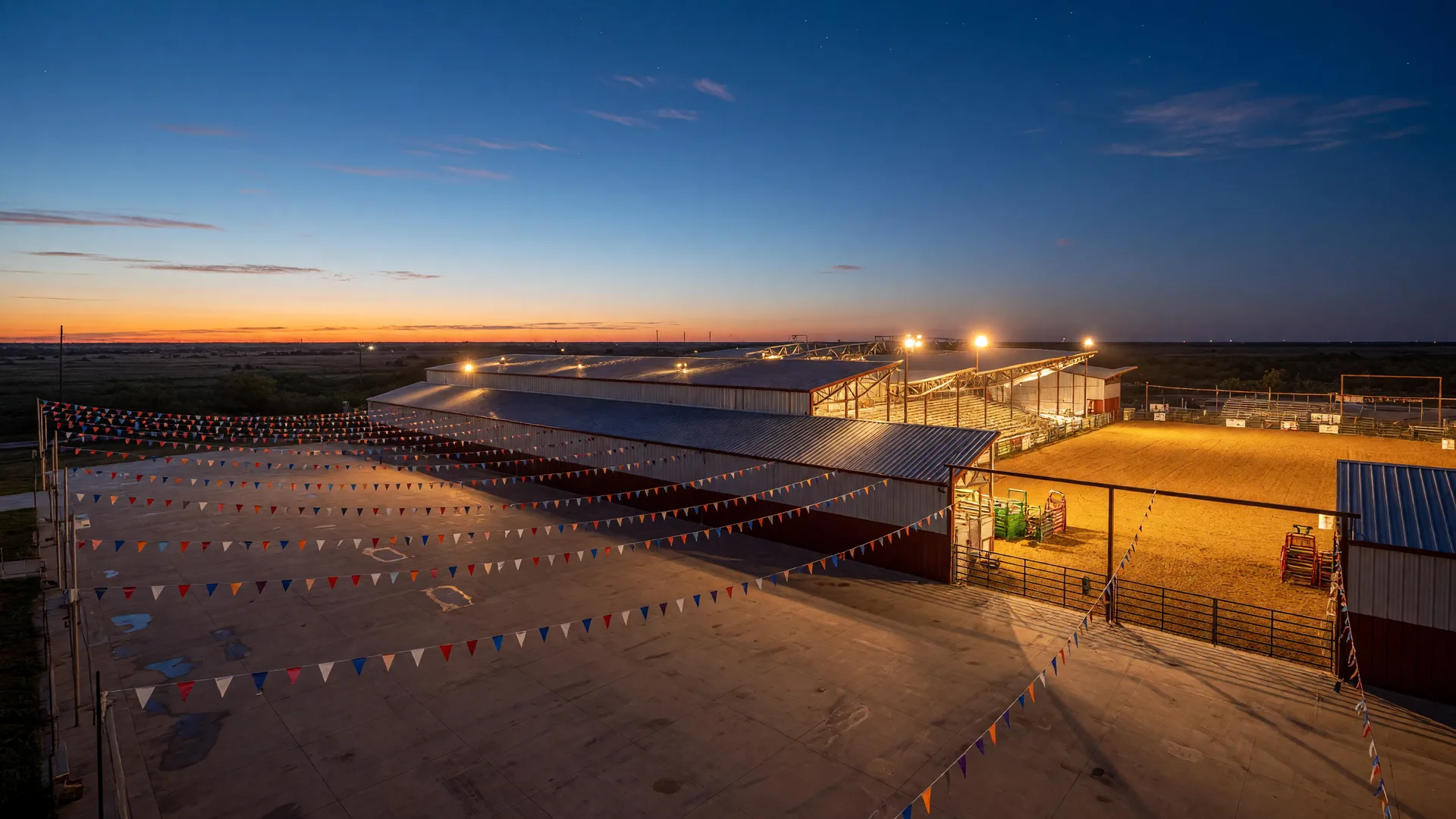 The Bell County Expo Center arena complex at dusk with stadium lights glowing