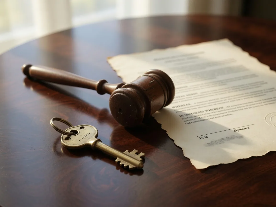 Still life photograph of a house key and a gavel on a wooden surface beside a legal document, warm muted tones