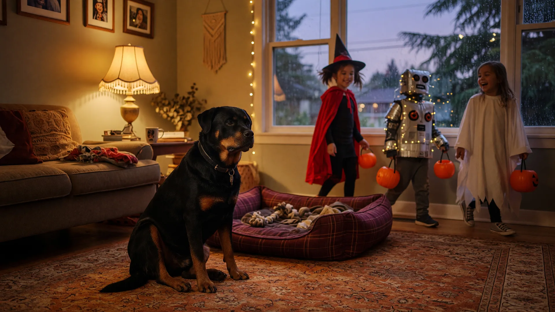 A Rottweiler sitting calmly on a living room rug while Halloween trick-or-treaters pass by the softly lit window in the background