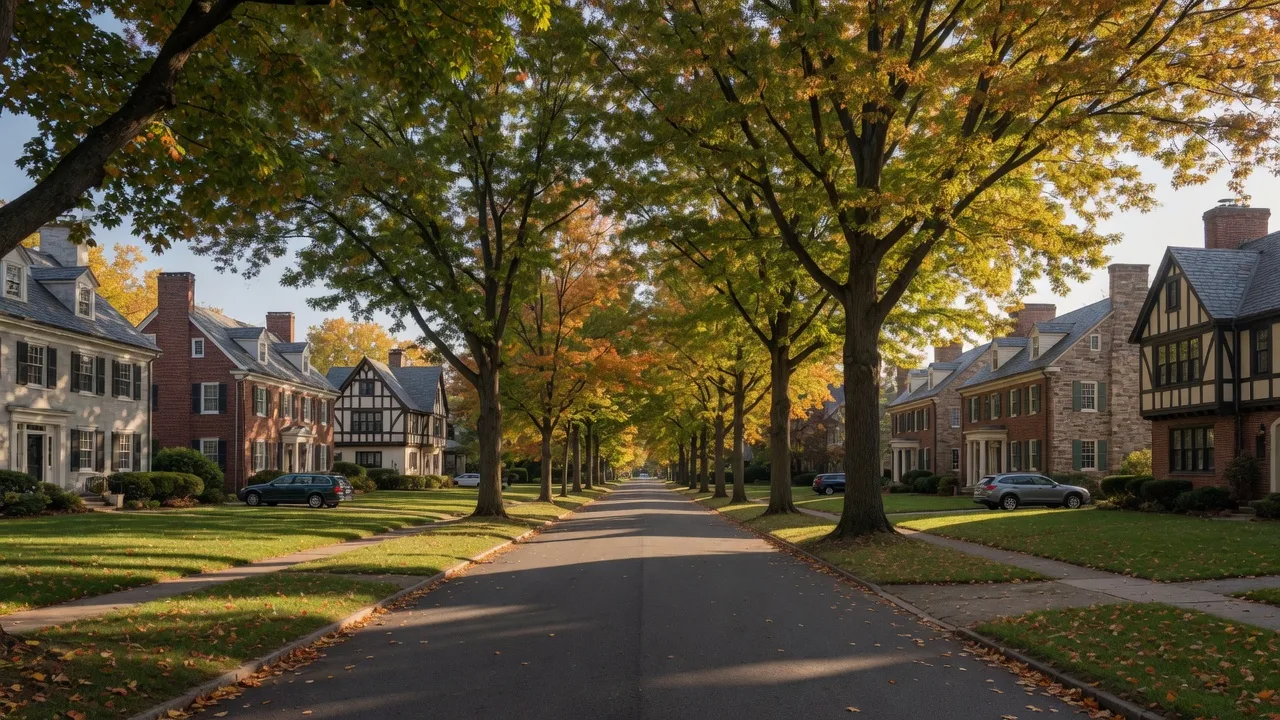 Grand tree-lined residential street in Abington Township, Pennsylvania with stone and brick homes on wide lawns
