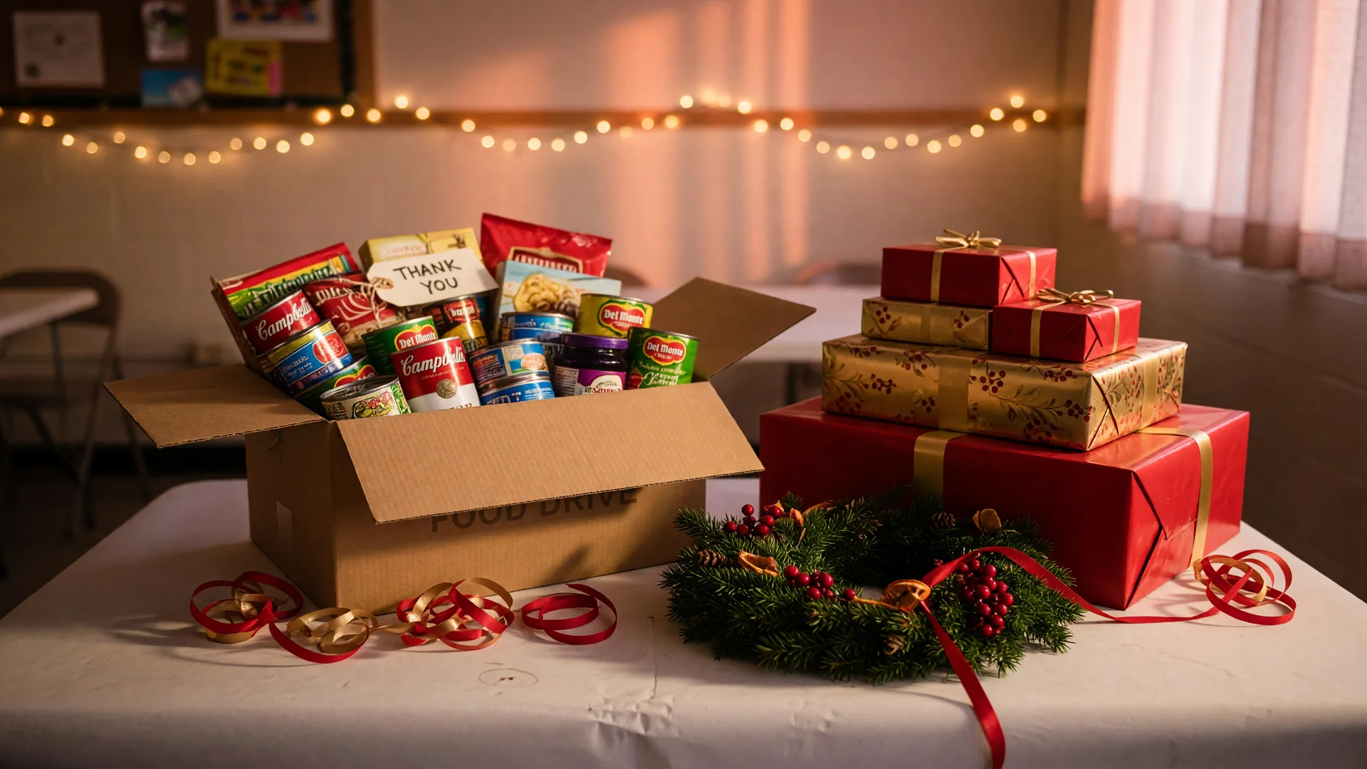 A holiday donation table with a box of canned goods, wrapped gifts, and a pine wreath under warm string lights