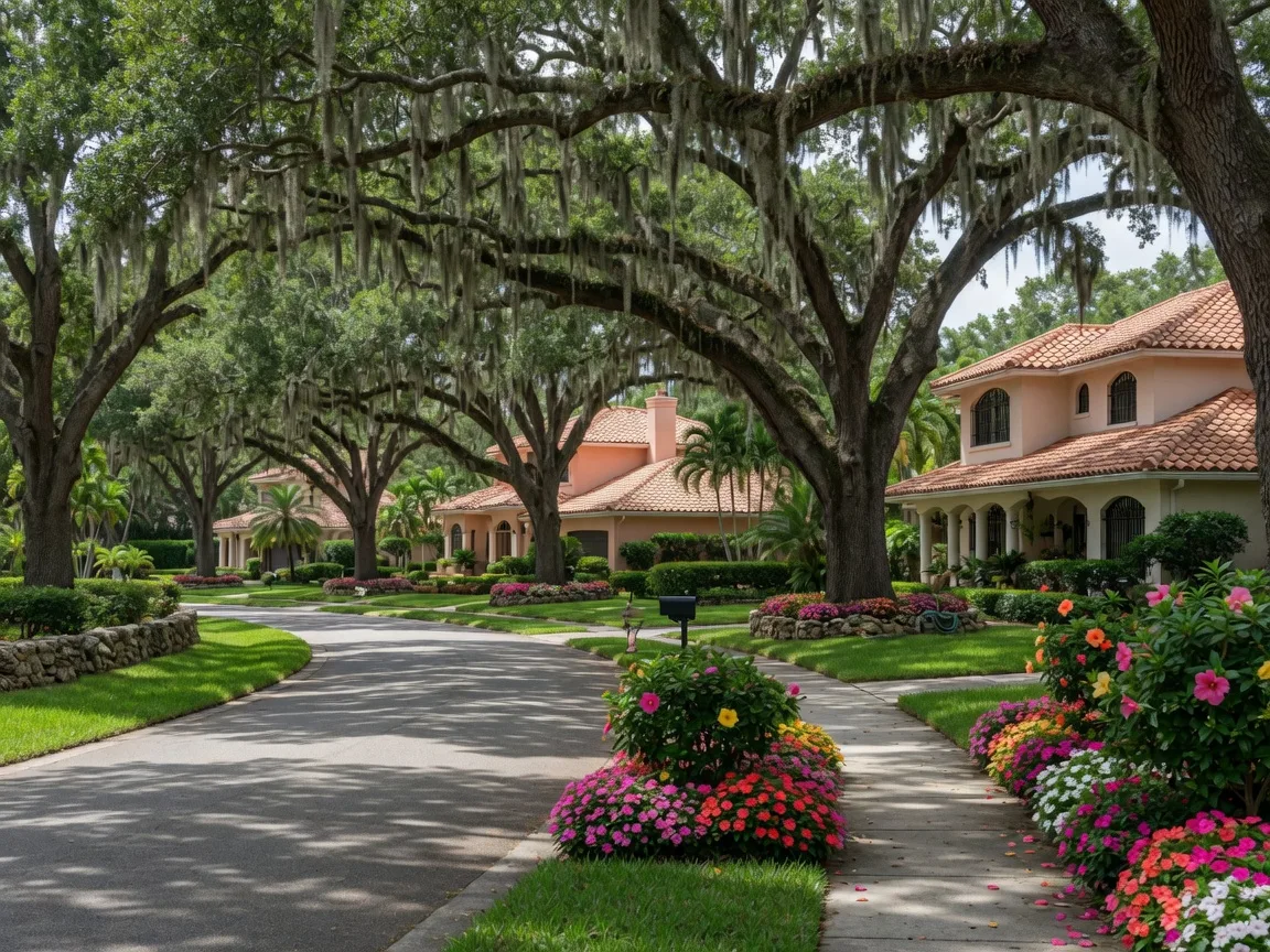 A Pinecrest residential street beneath a canopy of live oaks draped in Spanish moss, with Mediterranean terracotta-roofed homes and vivid flower beds