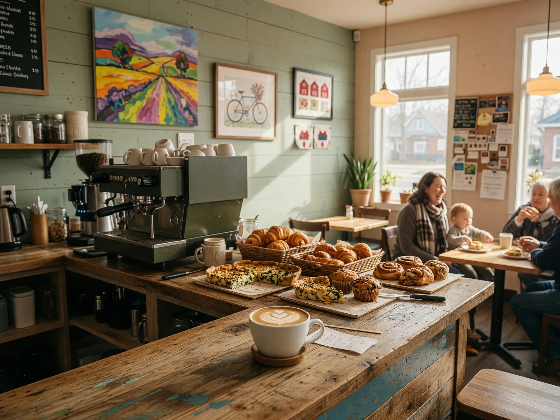 The welcoming interior of Coffee Hub in Beavercreek Ohio with a latte featuring heart foam art on a reclaimed wood counter, a matte espresso machine, fresh pastries and farmhouse-style walls with local artwork in warm morning light