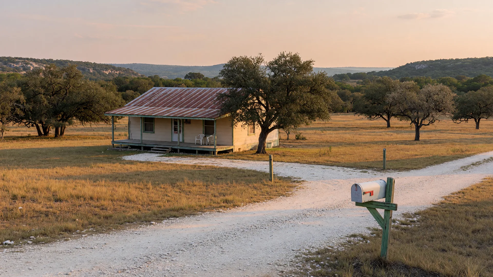 A modest single-story rural Texas home on a quiet country road in the Hill Country