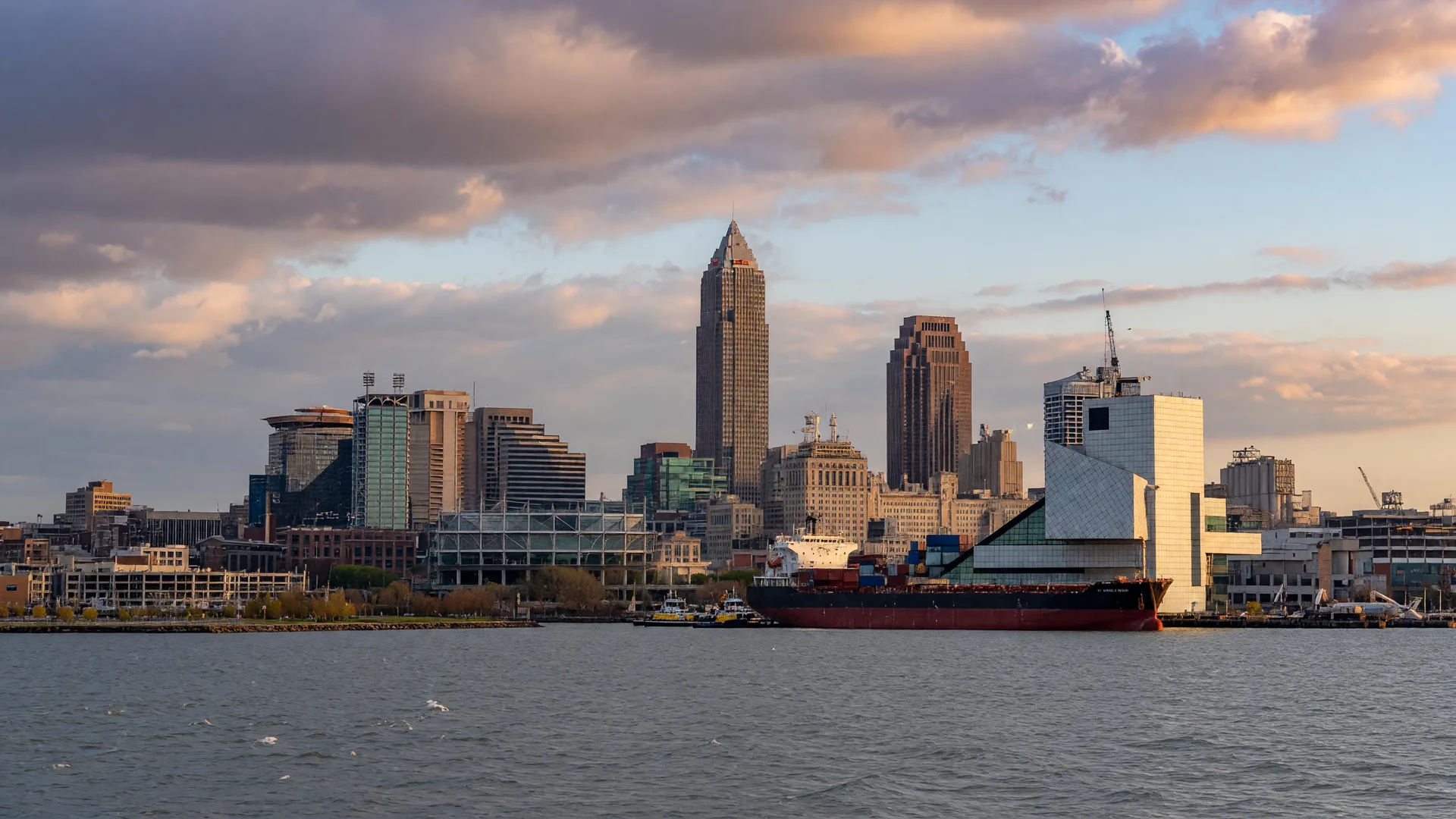 Cleveland Ohio skyline with Key Tower and Rock and Roll Hall of Fame on the Lake Erie waterfront