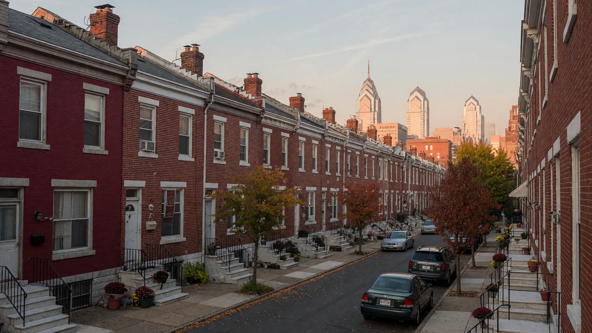 Philadelphia Center City row homes and rowhouses in warm autumn light with the skyline behind