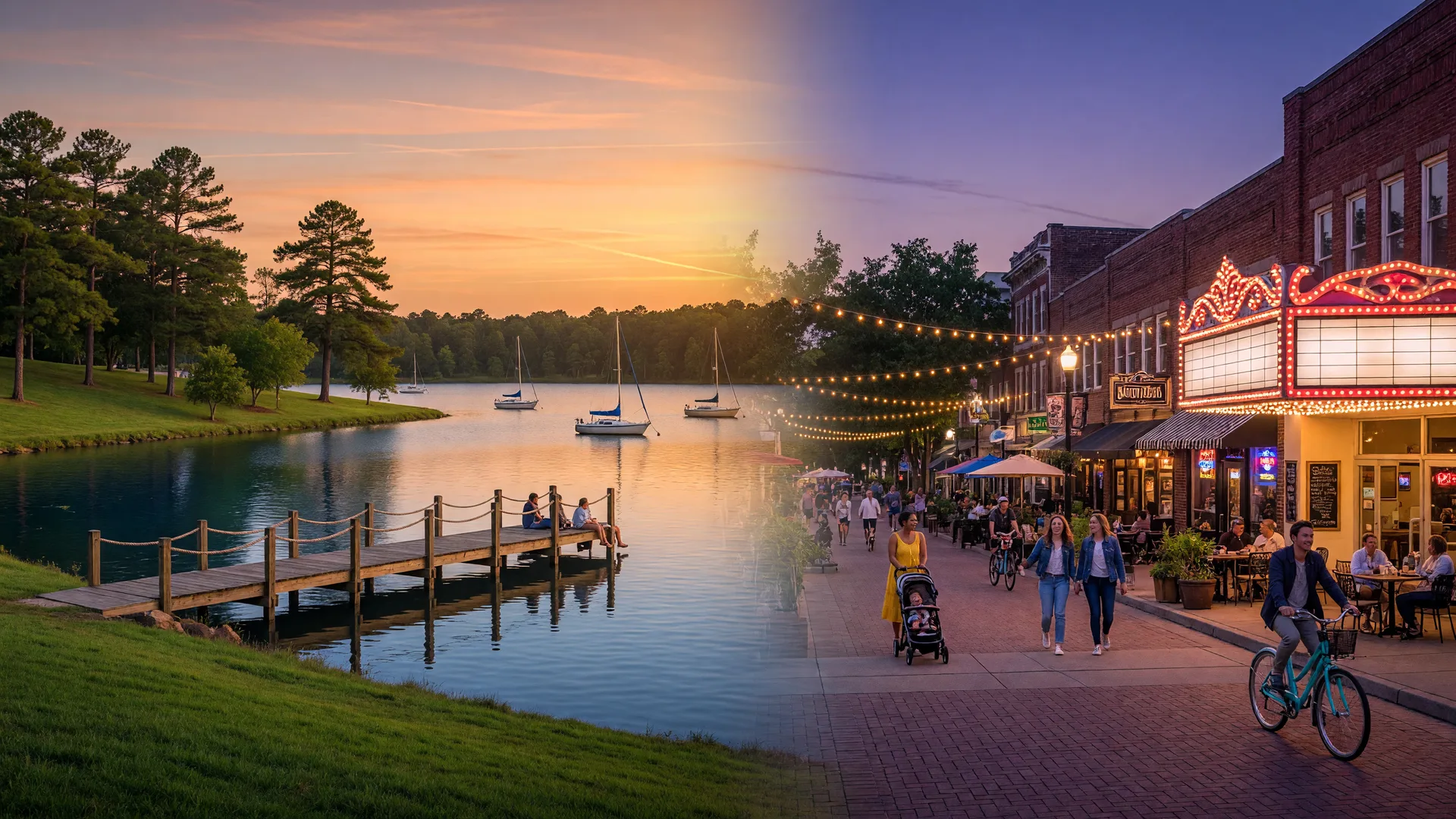 Split scene: Lake Acworth's tranquil shoreline with Cauble Park at golden hour on the left and downtown Woodstock's lively Main Street at dusk with string lights on the right
