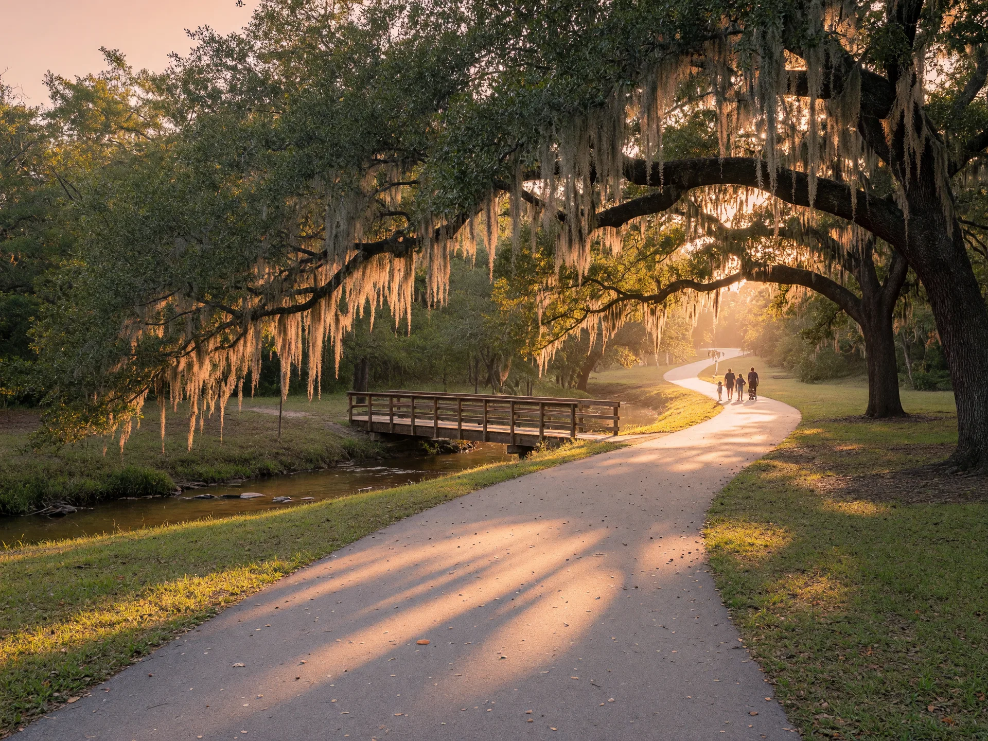 Wide paved trail through live oaks in a San Antonio park at golden hour