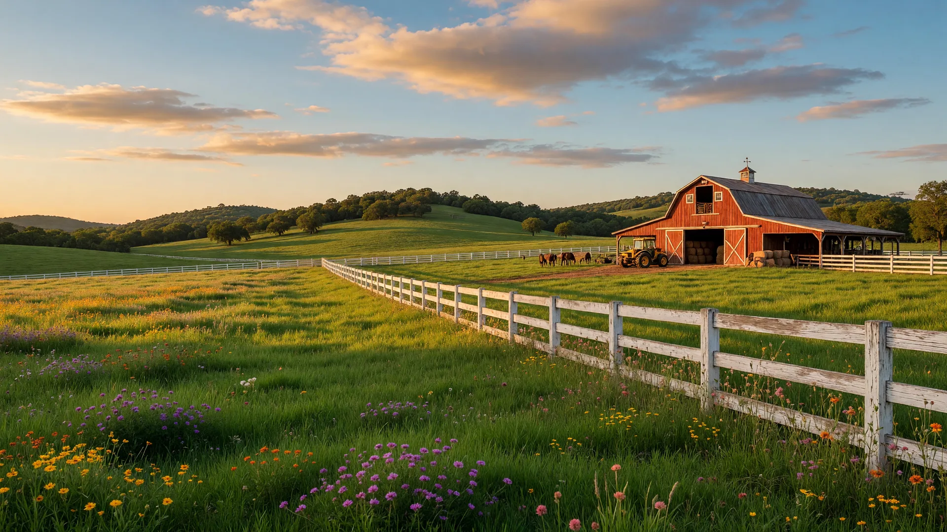A lush green pasture with a white wooden fence and a red barn under a wide blue sky in Northeast Texas