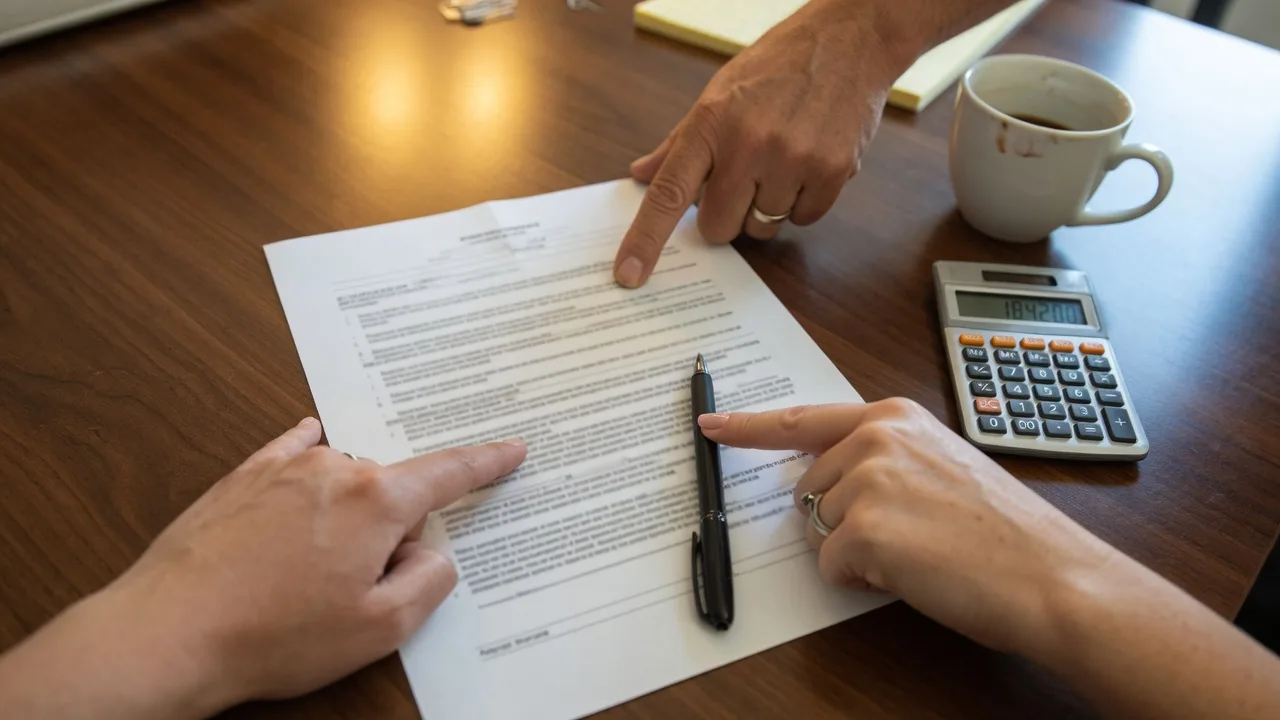 Two hands pointing at a clause in a printed purchase contract during an offer negotiation