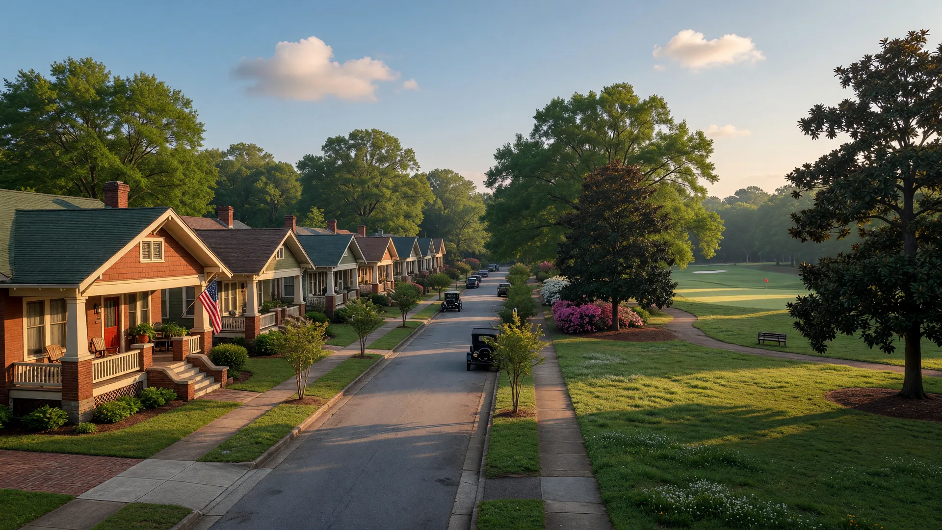 Craftsman bungalow homes facing the green park and golf course in Candler Park, Atlanta