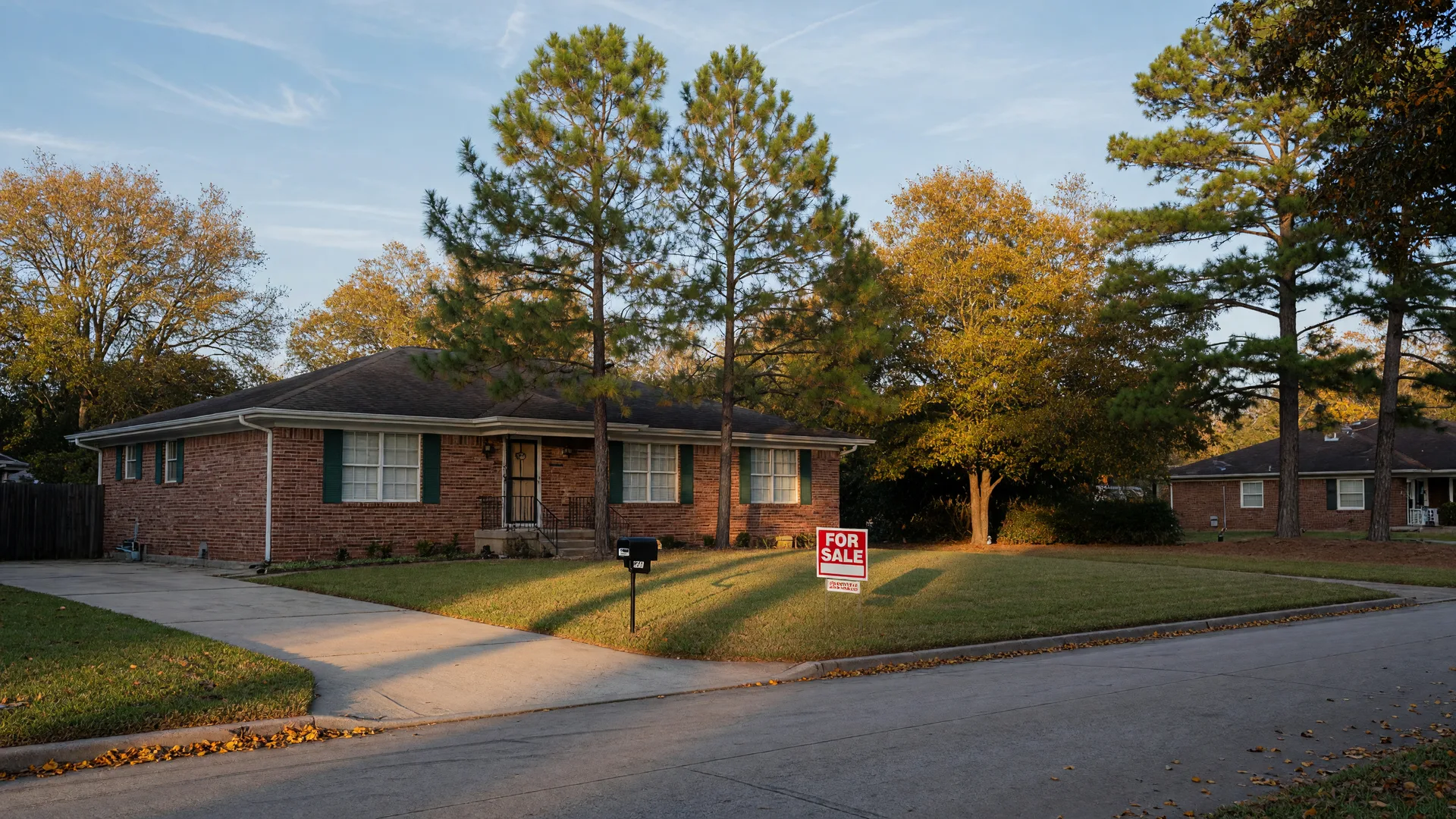 A single-story brick home with a For Sale sign on a tree-lined street in the Northeast Houston area on a crisp autumn morning