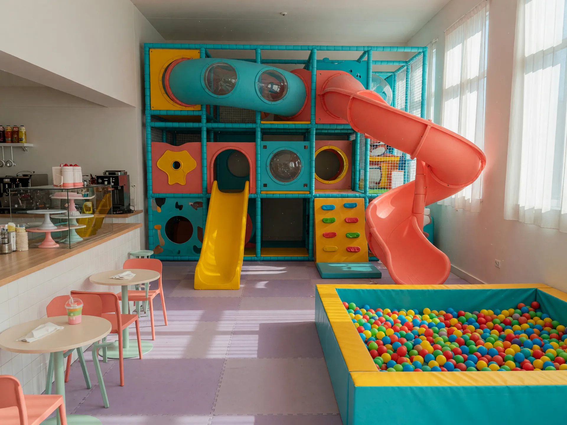 Colorful multi-level indoor play structure with slides and a ball pit at Kanga's Indoor Playcenter and Cafe in Atascocita
