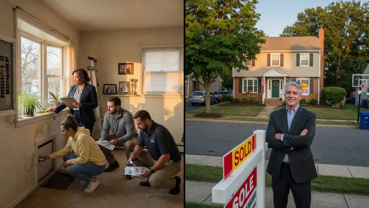 Split-screen comparison of a buyer's agent conducting a home inspection and a seller's agent with a Sold sign