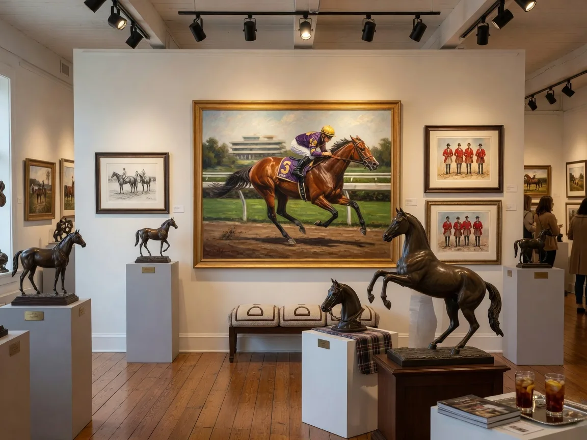 Interior view of an equestrian art gallery in Aiken featuring horse paintings on white walls, a bronze sculpture on a pedestal, and warm gallery lighting