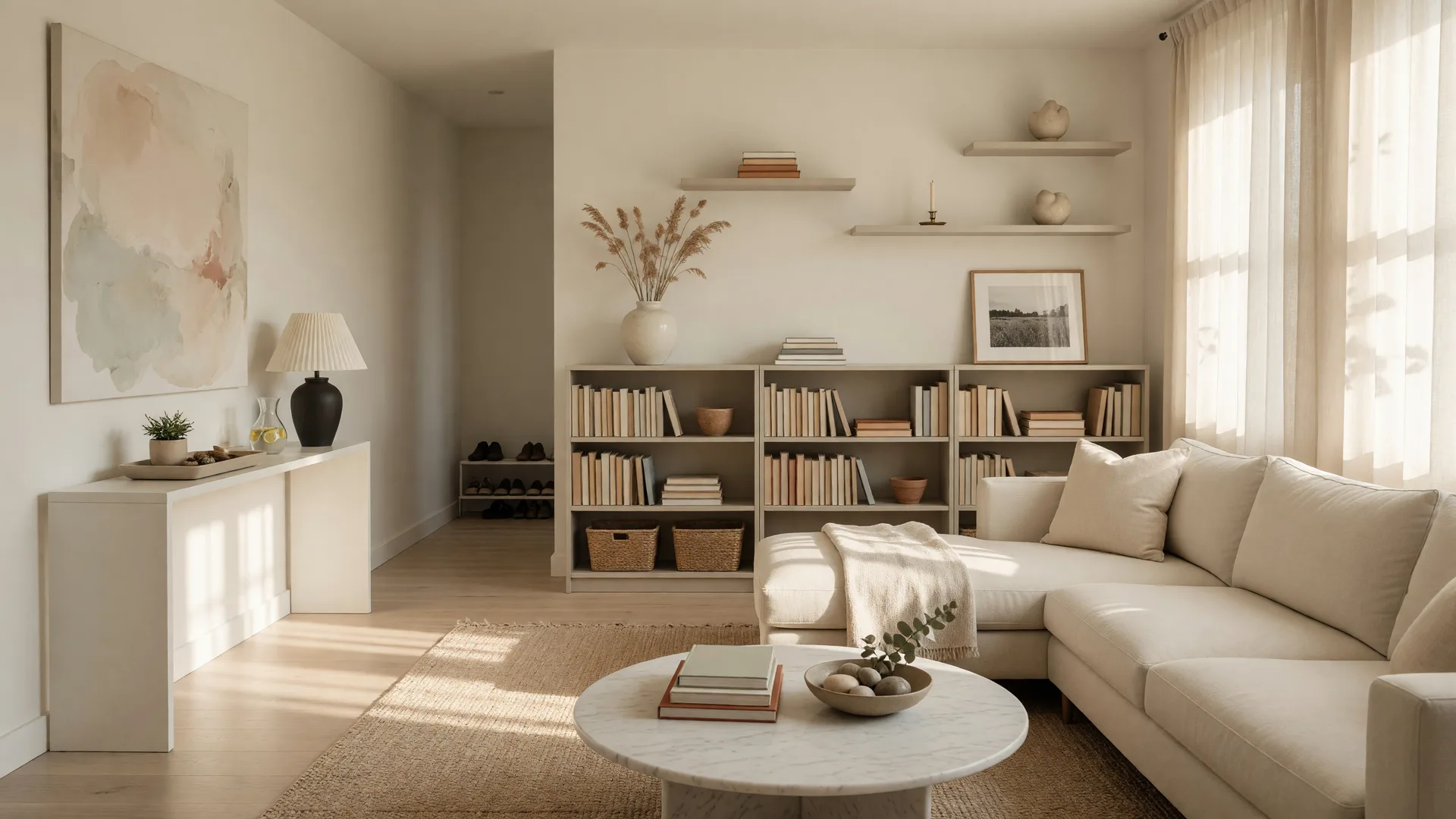 Bright, organized living room after a thorough decluttering