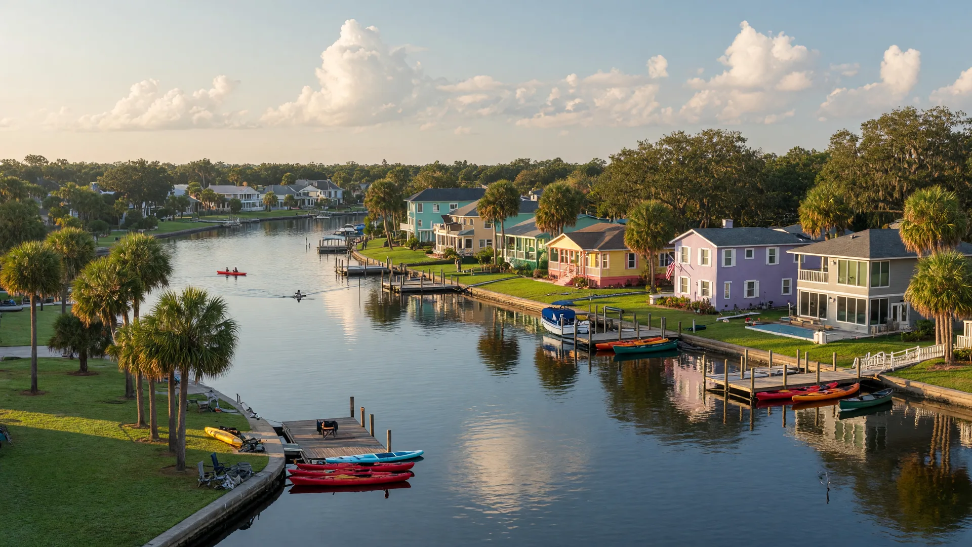 Downtown New Port Richey riverfront along the Cotee River on a golden September morning, with waterfront homes, docks, kayaks, and Sims Park palms framing the shore
