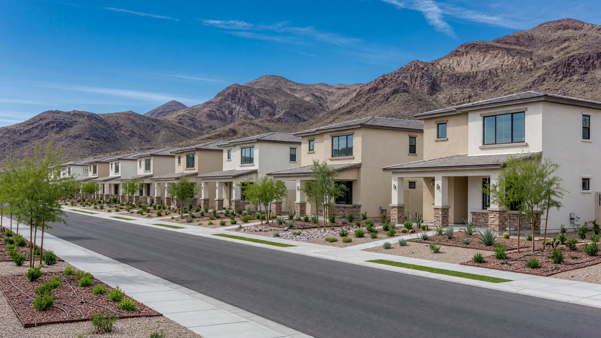 Two-story stucco homes with desert landscaping on a quiet tree-lined street in newer North Las Vegas, with mountains on the horizon