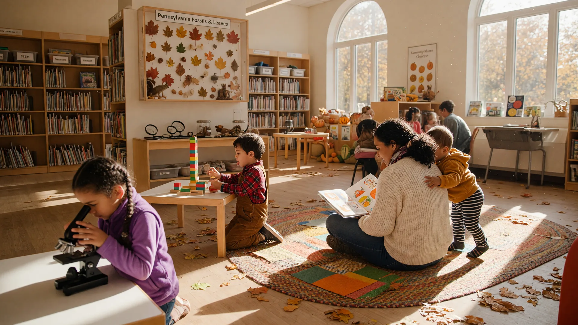 Children doing hands-on science and reading together at a bright modern Pennsylvania children’s library in autumn window light