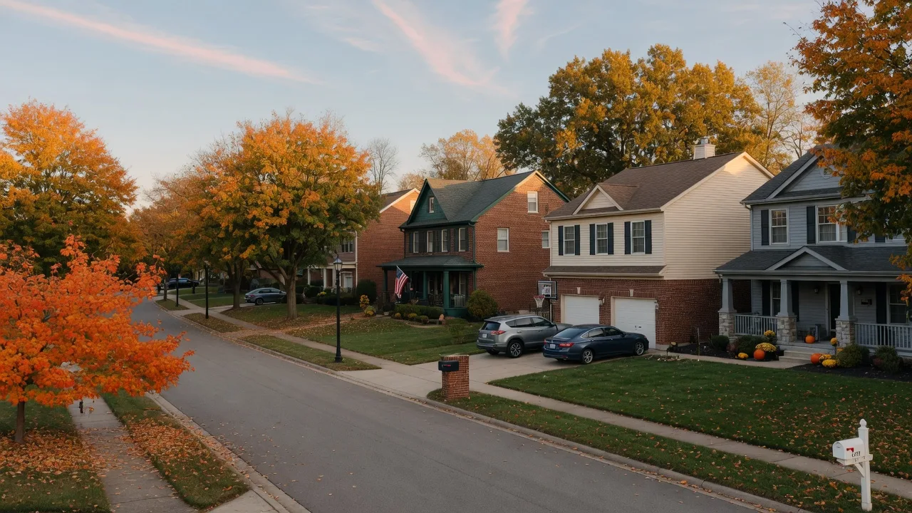 A tree-lined suburban street in the Dayton, Ohio area on a crisp mid-October afternoon, newer two-story craftsman and brick-trimmed colonial homes with attached garages set back on tidy quarter-acre lots, sugar maples and oaks turning orange and gold along the curb in warm low autumn light