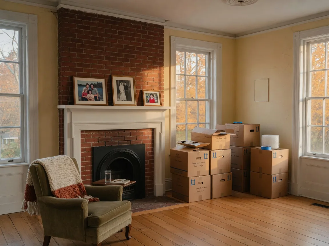 A bright, tidy living room in a heritage Ontario home being prepared for a move, with cardboard moving boxes stacked near a brick fireplace, framed family photos still on the mantle, and warm autumn light through tall windows