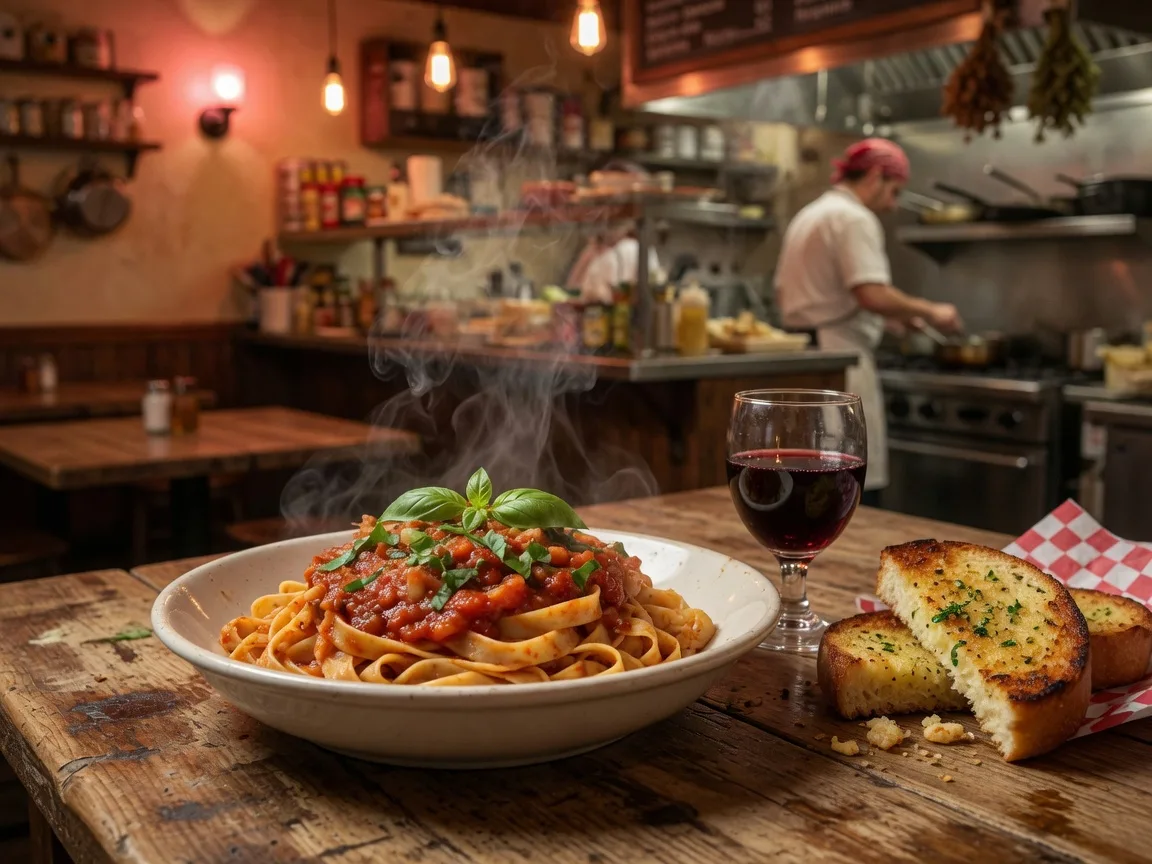 Fettuccine in rich tomato sauce with garlic bread at a cozy Italian trattoria