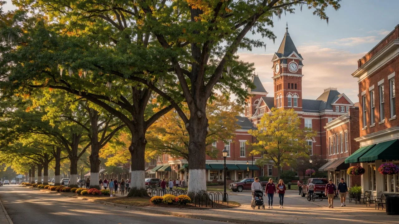 Auburn's Toomer's Corner with the iconic oak trees, Samford Hall clock tower, and vibrant college-town atmosphere