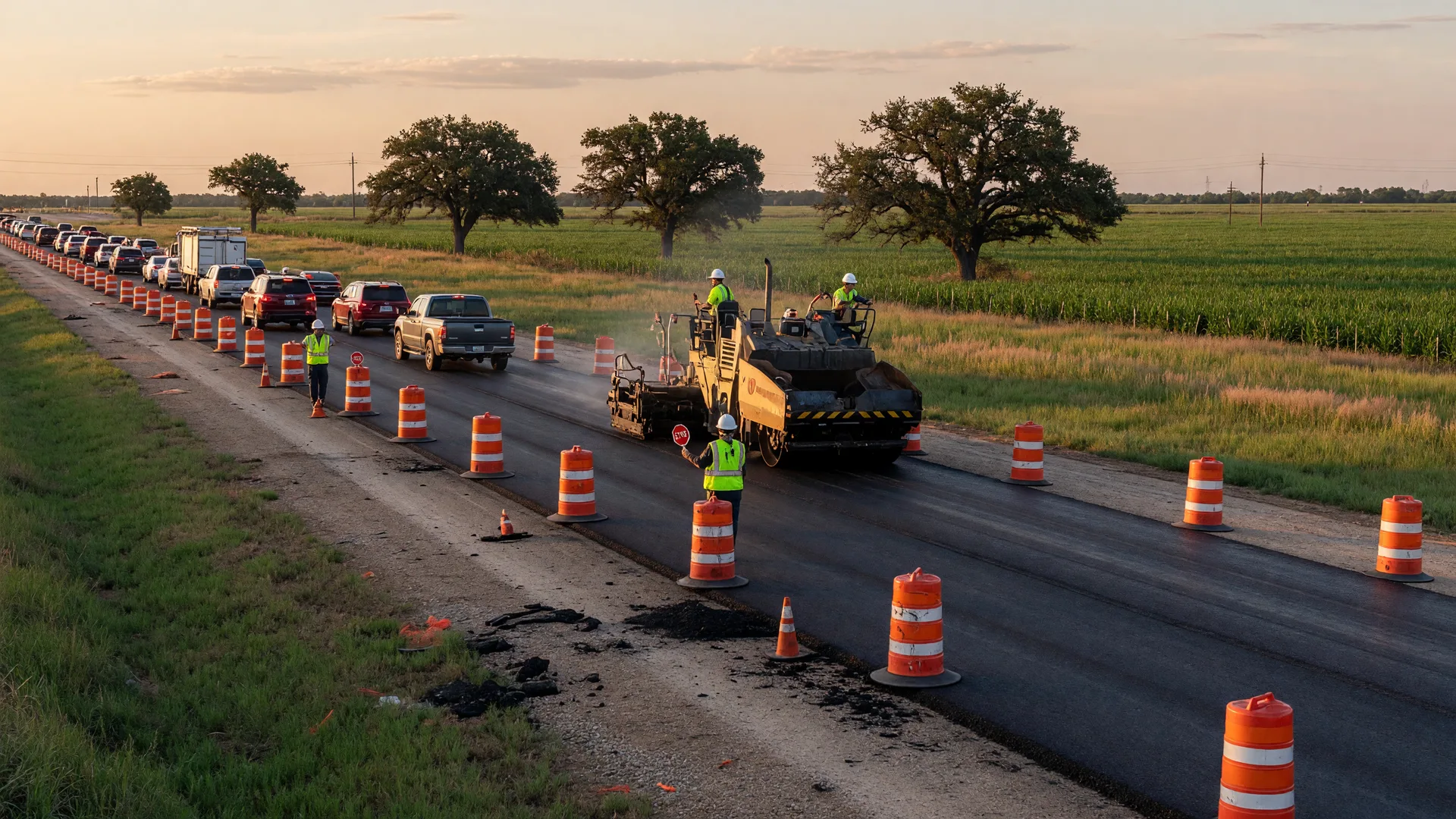 A highway construction corridor in rural North Texas with orange barrels, an asphalt paver, and flaggers directing a line of cars