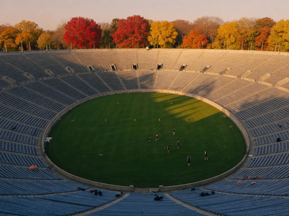 Looking down into the sunken Yale Bowl on a fall game day, vivid green turf, empty bleachers, and autumn trees over the rim of the stadium