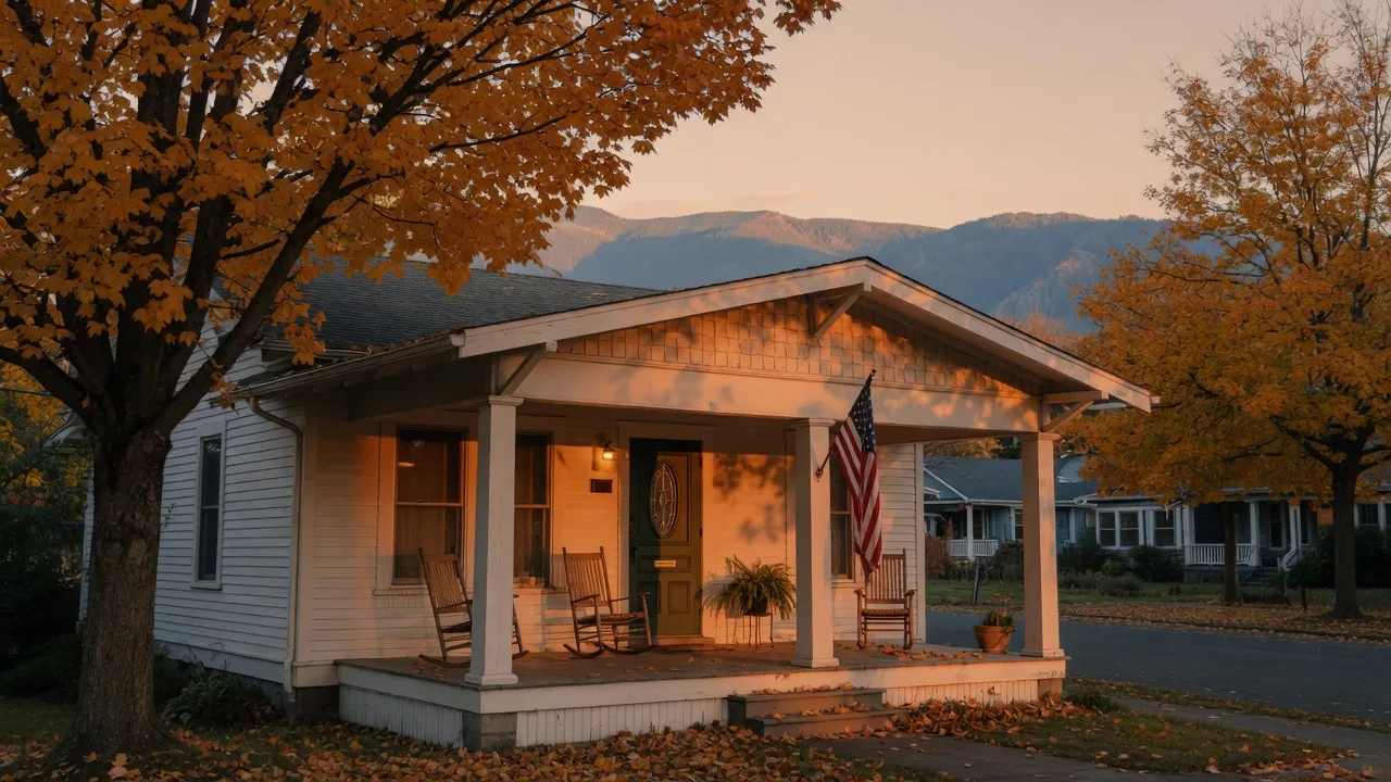 A restored 1920s craftsman bungalow on a tree-lined Jacksonville street at golden hour, wide front porch with rockers