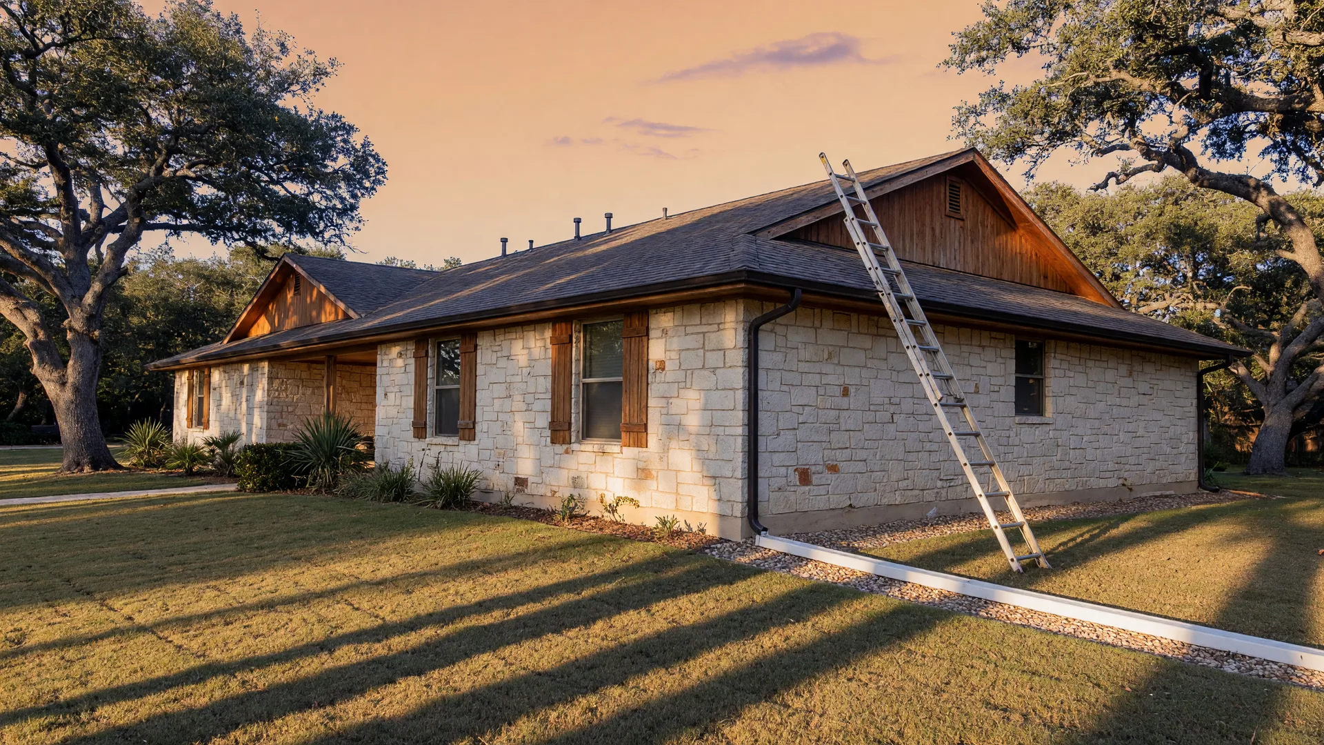 A Texas ranch-style home at golden hour with an inspection ladder at the roofline and downspouts draining water away from the foundation