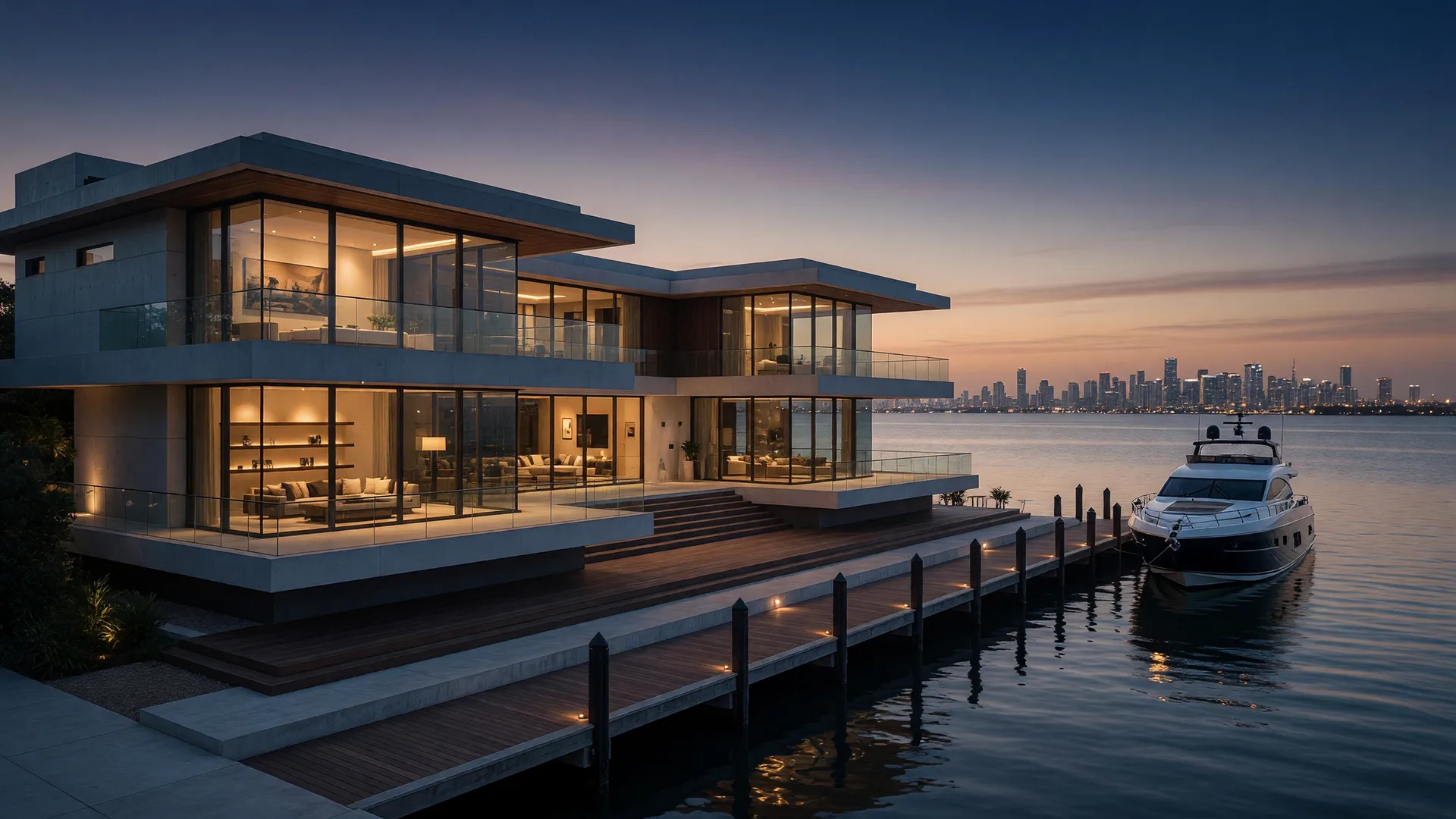 Modern Miami bayfront home with a private dock and silhouette of a yacht at dusk
