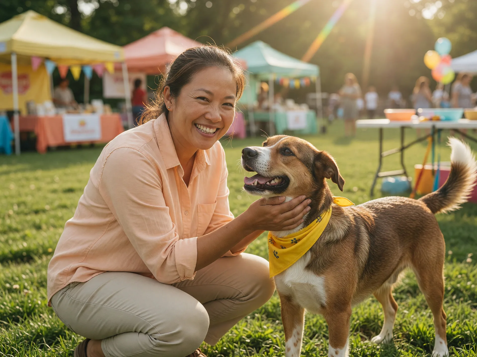 A warm and hopeful adoption greeting between a person and a dog outdoors in bright light