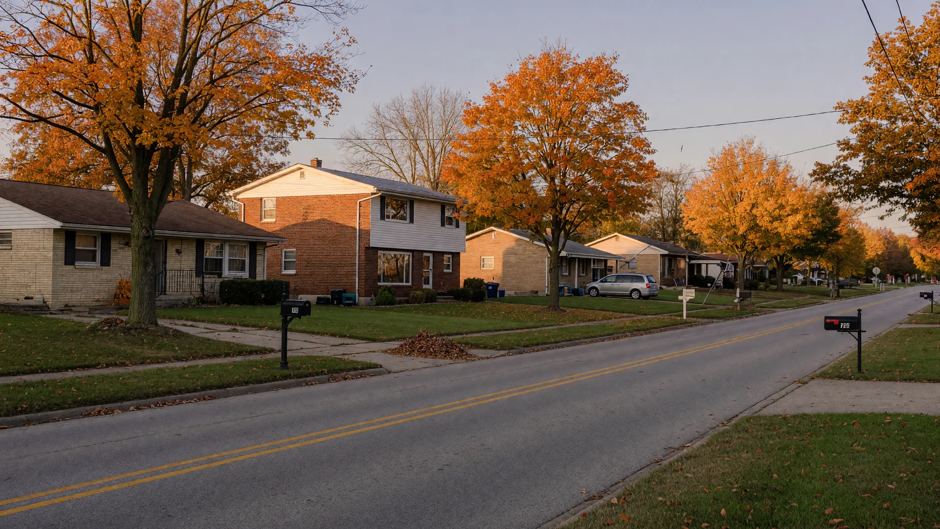 A quiet two-lane suburban street on the Montgomery-Greene county line between Kettering and Beavercreek, Ohio in mid-October, mid-century brick ranch and two-story homes set back on mature grassy lots, sugar maples and oaks turning orange and gold along the curb in warm late-afternoon light