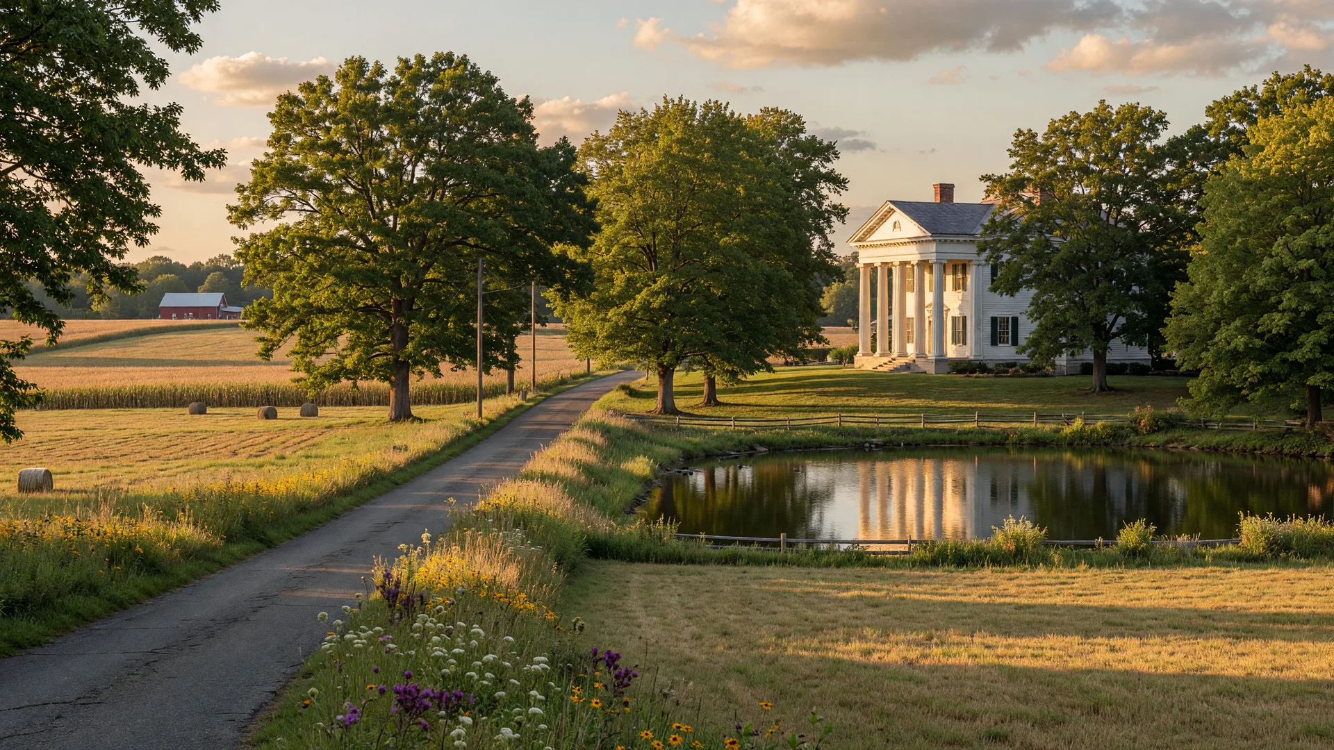 Country lane lined with mature oak trees leading past a historic Greek Revival mansion and pond on preserved farmland in Eastampton Township, New Jersey, at golden hour