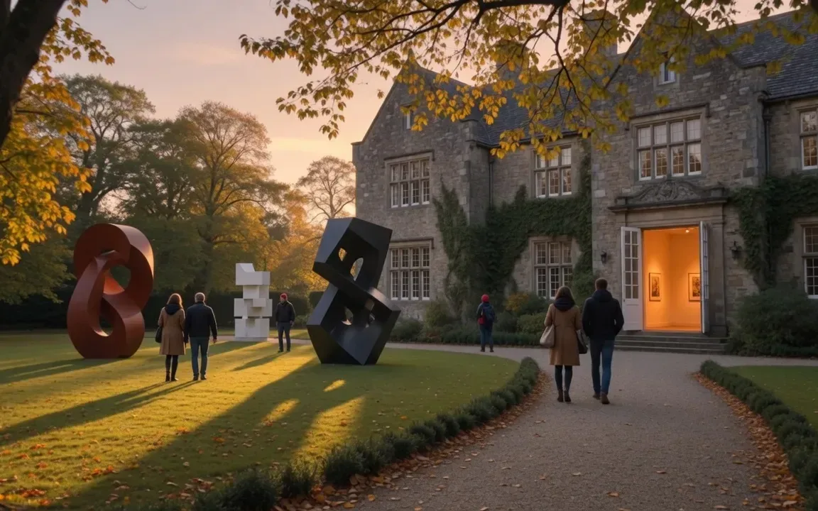 The historic stone manor house and gallery campus of the Abington Art Center on an early autumn afternoon, with visitors strolling toward the open gallery doors and contemporary sculptures on the lawn in golden light