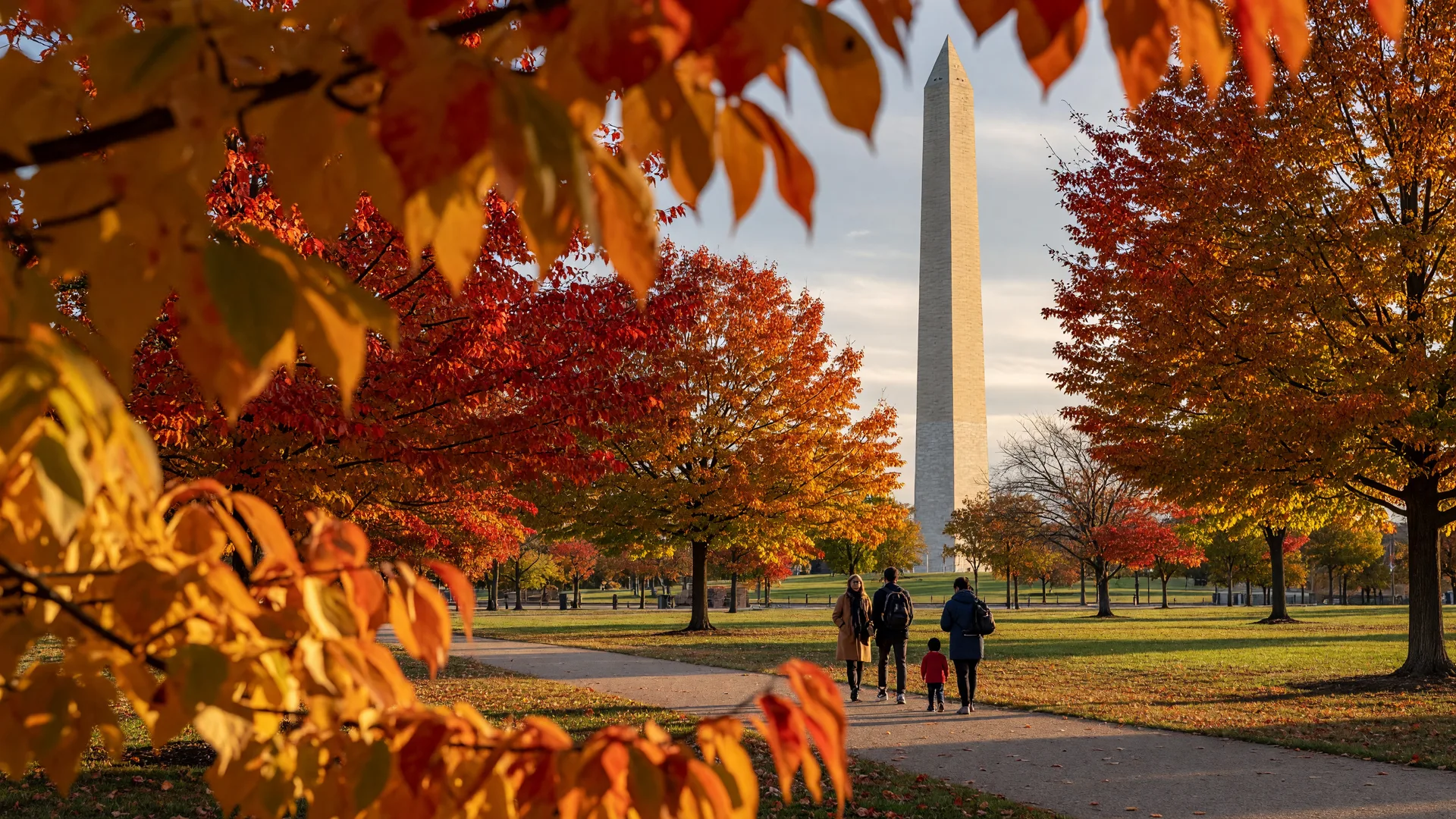 Washington Monument framed by early fall foliage on the National Mall in Washington, DC