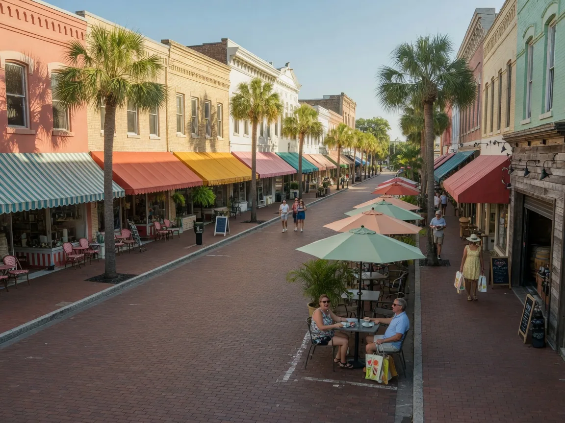 Old Main Street in downtown Bradenton on a sunny afternoon, with historic storefronts, awnings, restaurants with outdoor seating, and palm trees