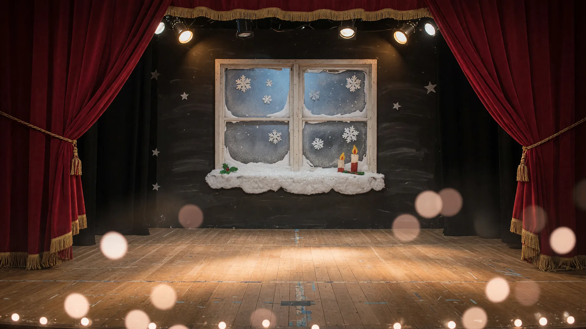 Empty theater stage with red velvet curtains, warm golden stage lights, and a snow-dusted window set piece