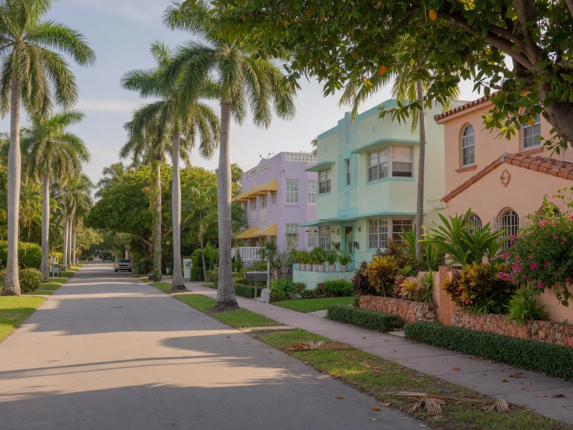 A quiet tree-lined residential street in Miami with royal palms and Mediterranean-style homes at warm late-afternoon light