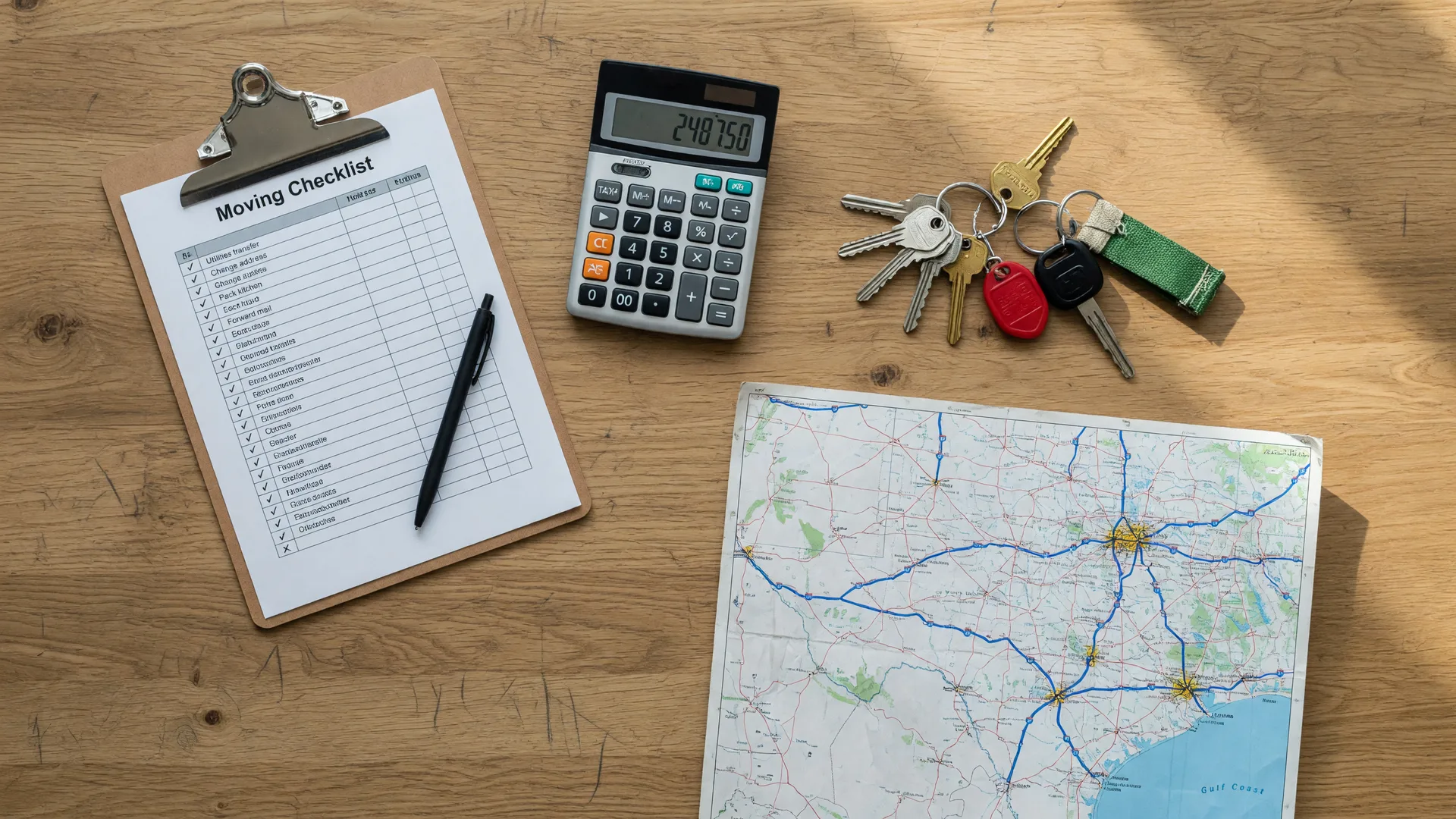 Relocation planning materials including a moving checklist, calculator, house keys, and a Texas map for cross-state move coordination.