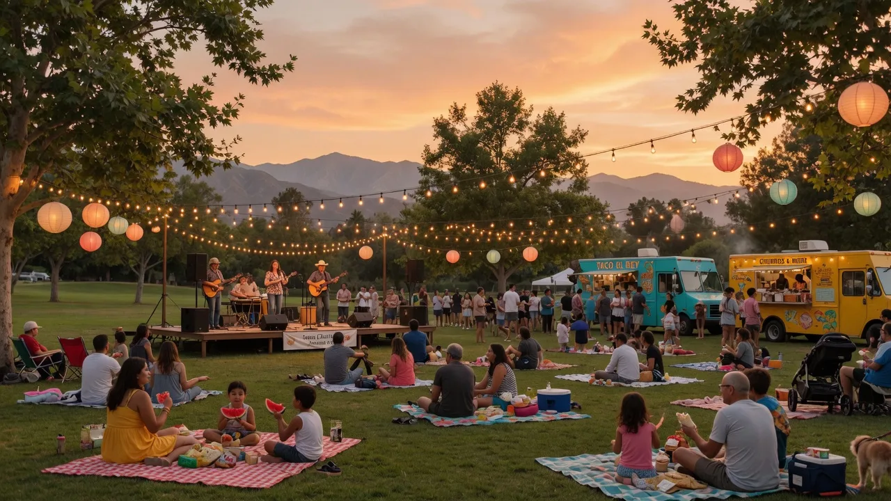 Families enjoying a summer evening community concert in a Santa Clarita Valley park at golden hour
