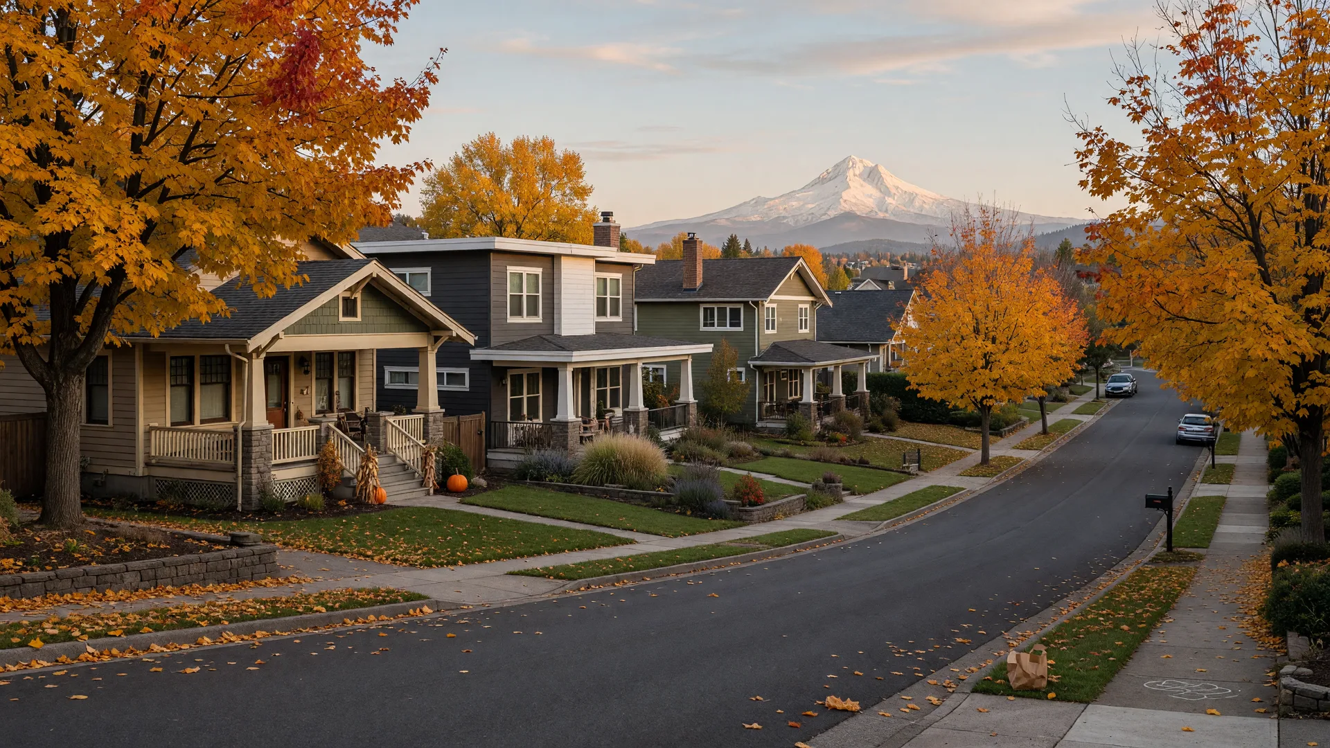 Quiet residential street in the Happy Valley hills with maples in full autumn color on a crisp late-October afternoon
