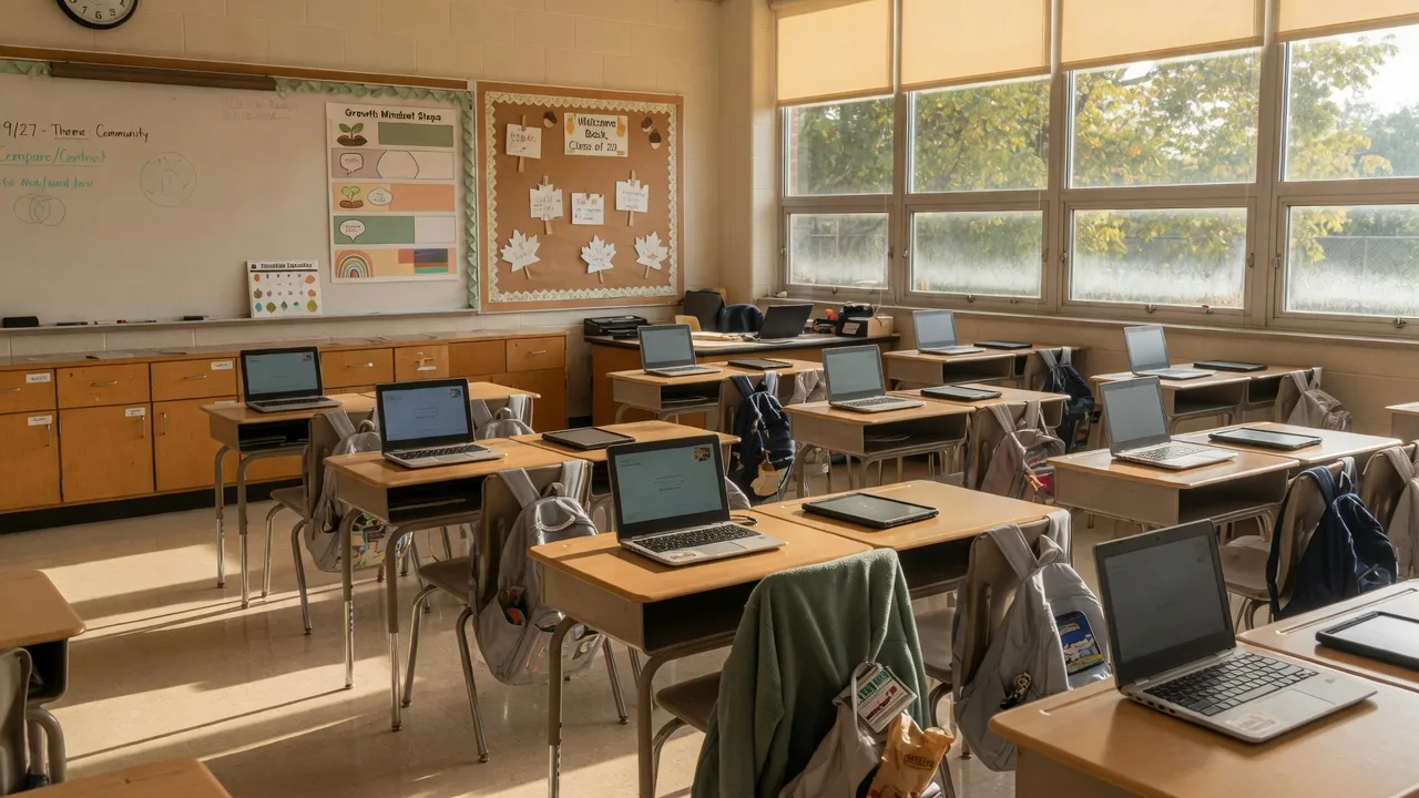A bright modern Montclair public school classroom with rows of desks holding Chromebooks and tablets in late-September morning light