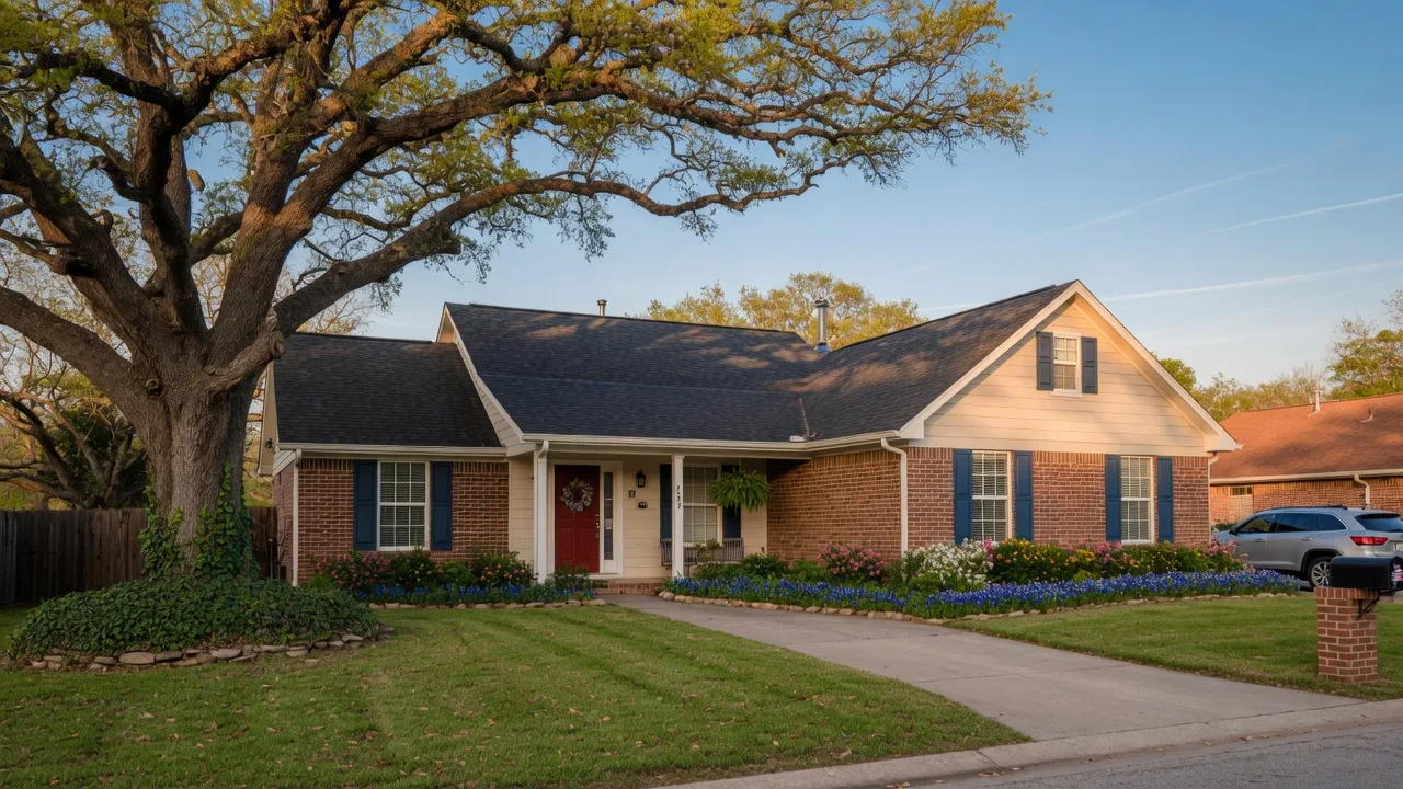 Well-kept Texas single-story home with shingle roof and brick facade under a clear blue sky
