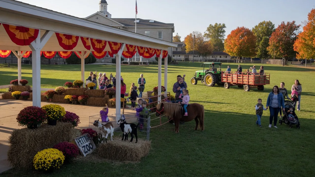 White pavilion with hay bales and mums, a petting zoo pen, a pony corral, and a tractor-drawn hayride wagon on the lawn of a fall festival