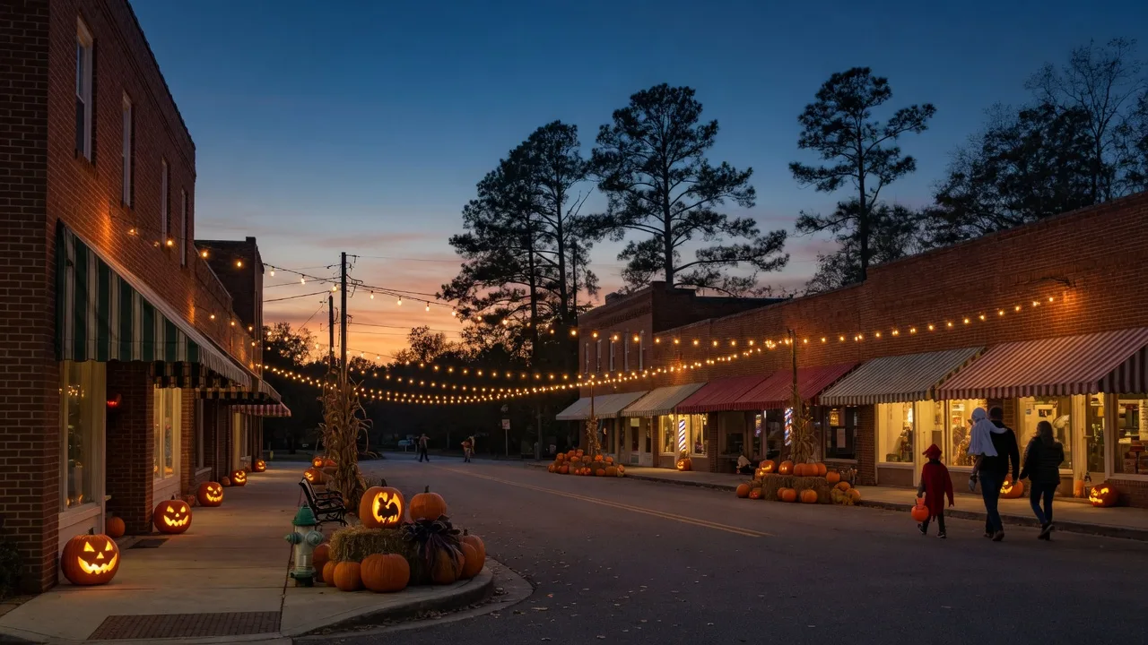 Brick storefronts of a Southern main street aglow with string lights and jack-o'-lanterns at dusk on Halloween weekend