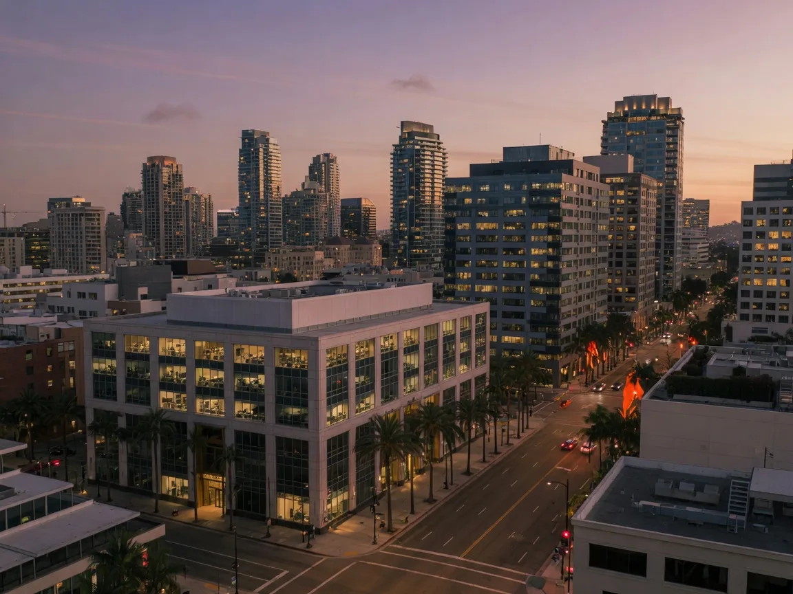 Downtown San Diego financial district at dusk, with office towers glowing as investors plan for the next rate cycle
