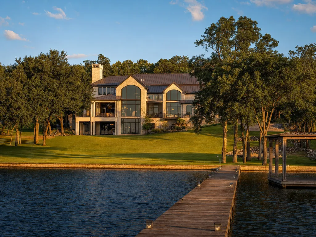 Luxury lakefront home on a Texas lake with private dock and waterfront view