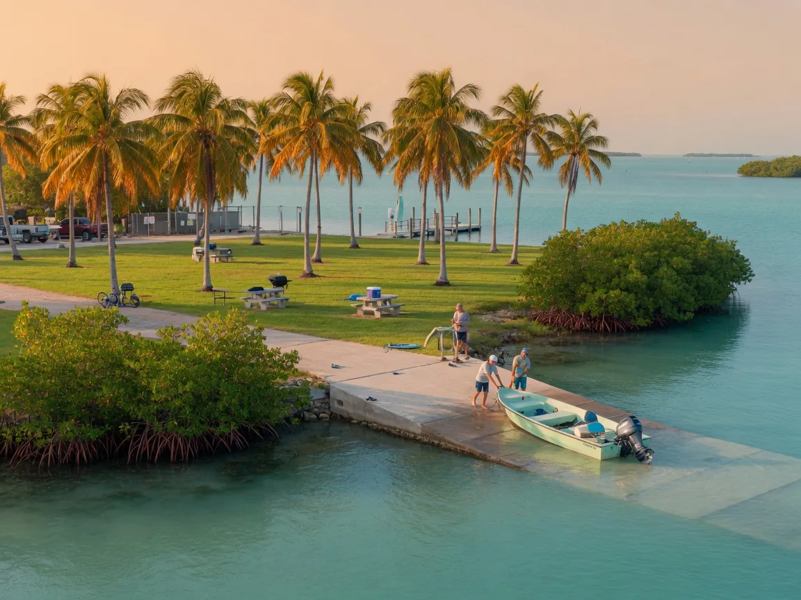 A community boat ramp and waterfront park in the Upper Florida Keys on a calm Saturday morning, distant figures launching a flats skiff across golden-lit turquoise shallows, a mangrove shoreline and palm-lined park behind